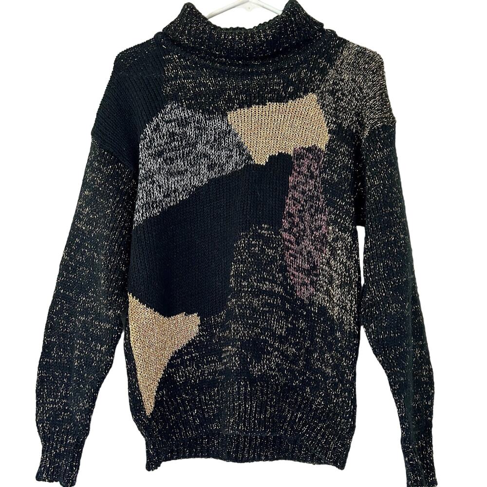 Vintage Metallic Abstract Patchwork Turtleneck Kn… - image 2